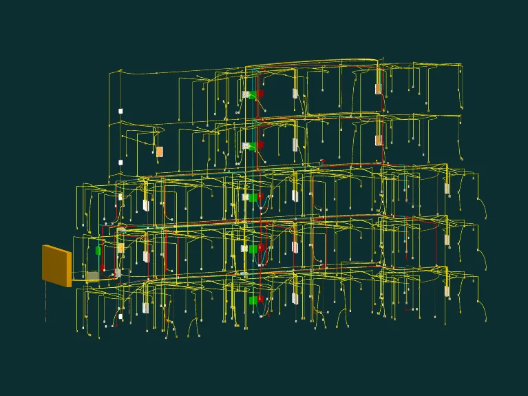Modelo 3D da infraestrutura elétrica de baixa tensão de um edifício, com eletrodutos, pontos e quadro de distribuição